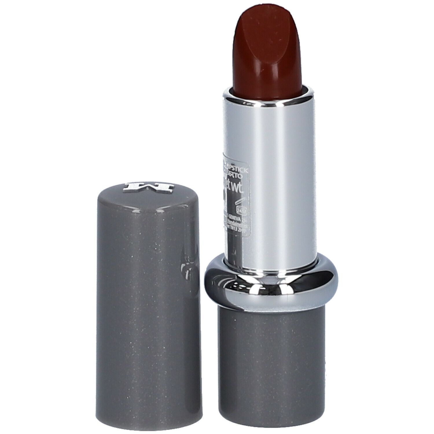 Donkerrode lipstick, zilveren huls, grijze dop. Productinformatie zichtbaar.