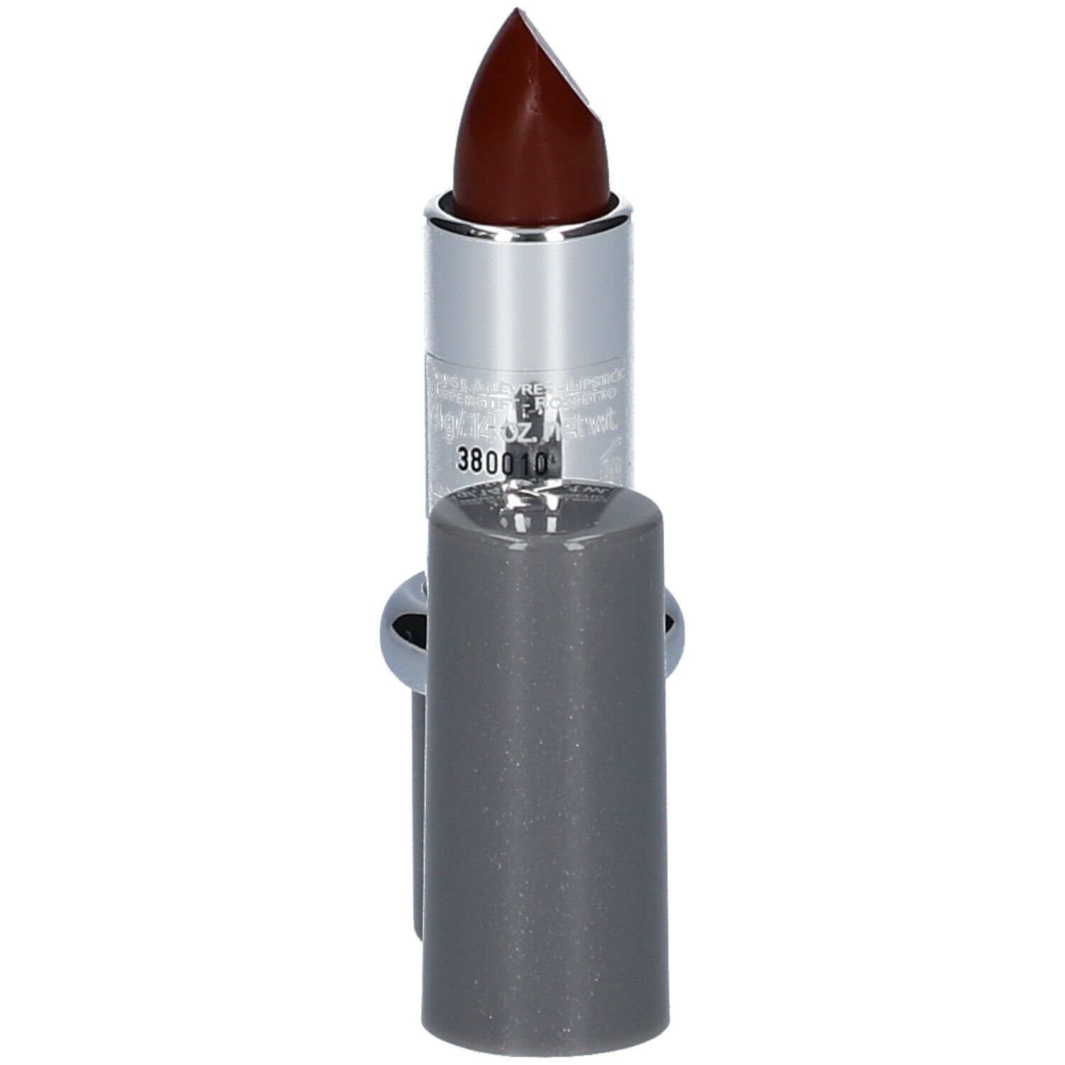 Donkerrode lipstick, zilveren huls, grijze dop. Punt van de lipstick zichtbaar.