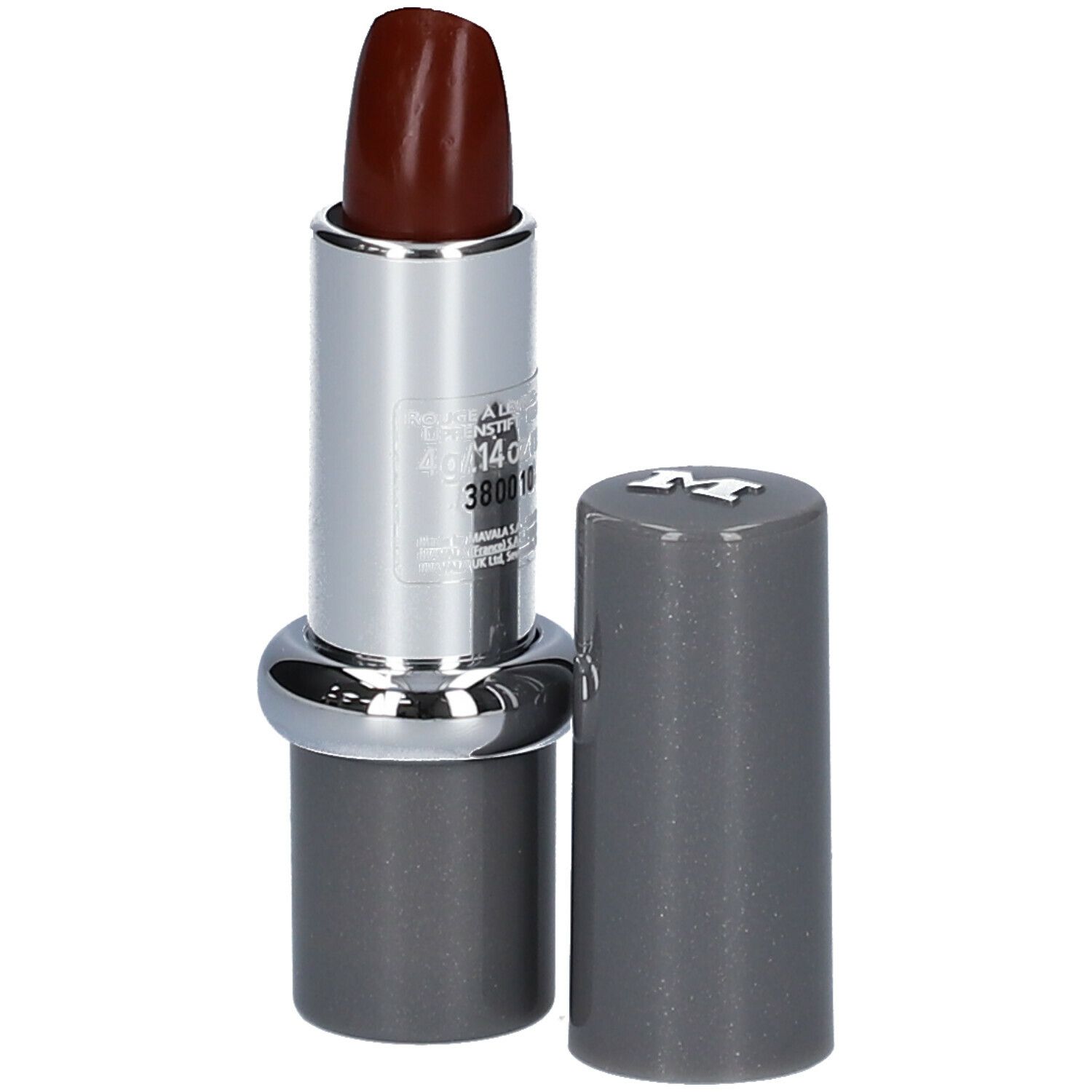Donkerrode lipstick, zilveren huls, grijze dop. Productinformatie zichtbaar.