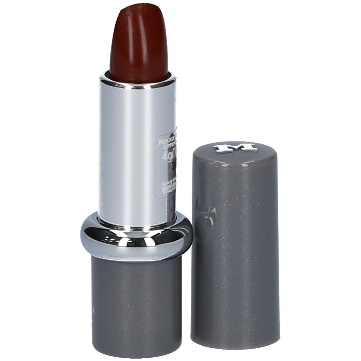 Donkerrode lipstick, zilveren huls, grijze dop. Merk MAVALA zichtbaar.
