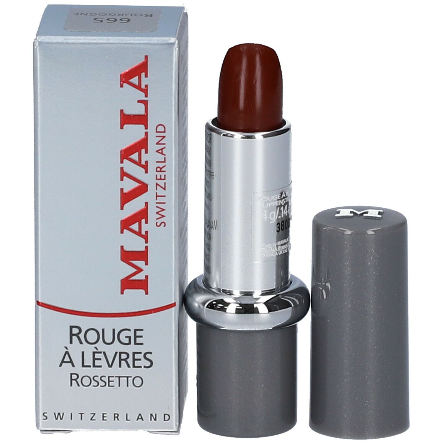 Lipstick met verpakking. Merk MAVALA, Rouge à Lèvres Rossetto, kleur 599.