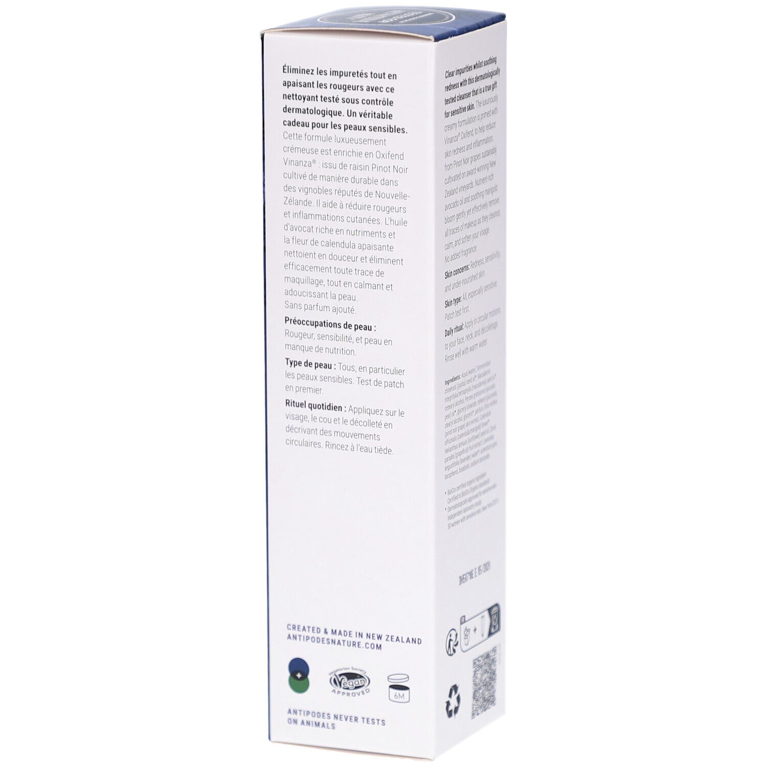 Rückseite der Produktverpackung. Text in französischer Sprache. Informationen zu Inhaltsstoffen, Anwendung und Hauttyp.