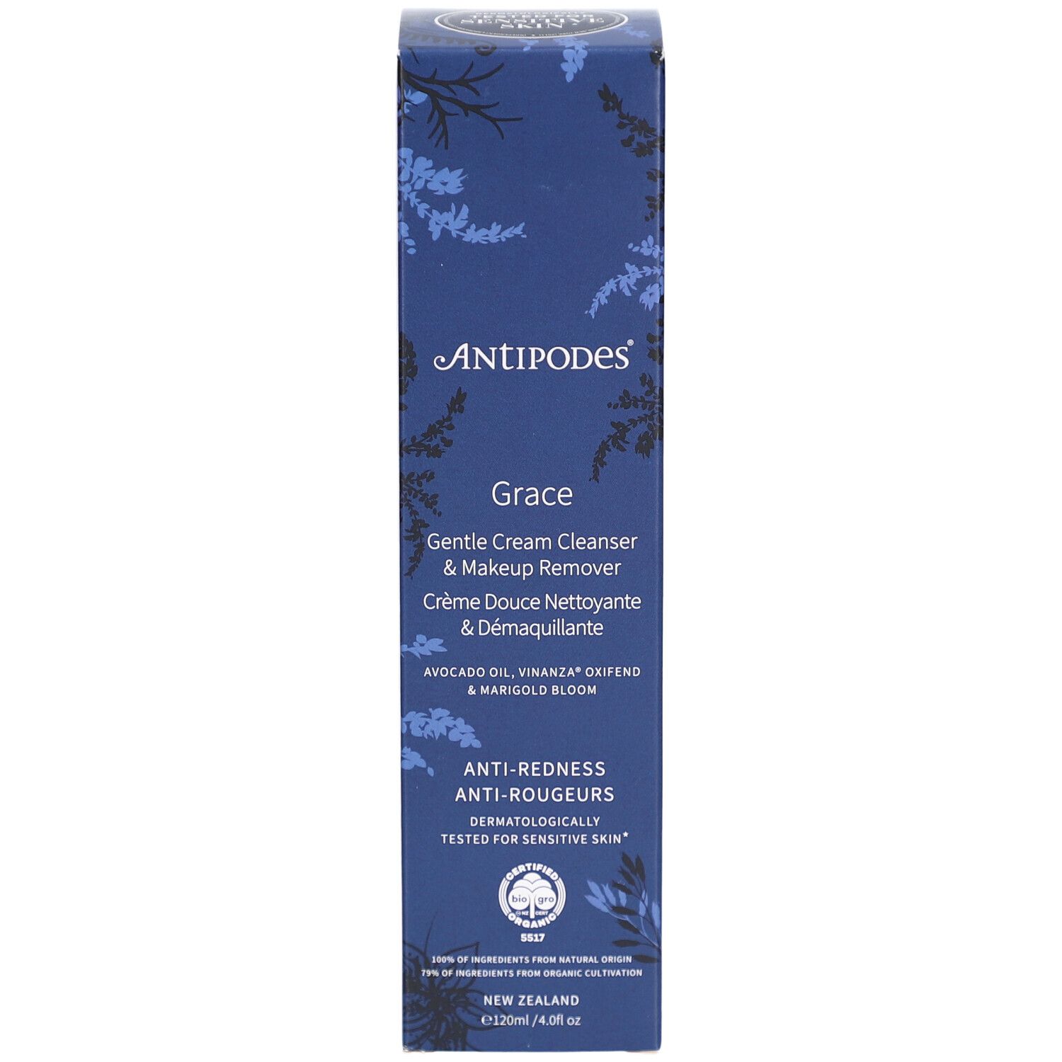 Produktverpackung. Schriftzug ANTIPODES, Grace, sanfte Reinigung & Make-up Entferner. Anti-Rötungen. Dermatologisch getestet.