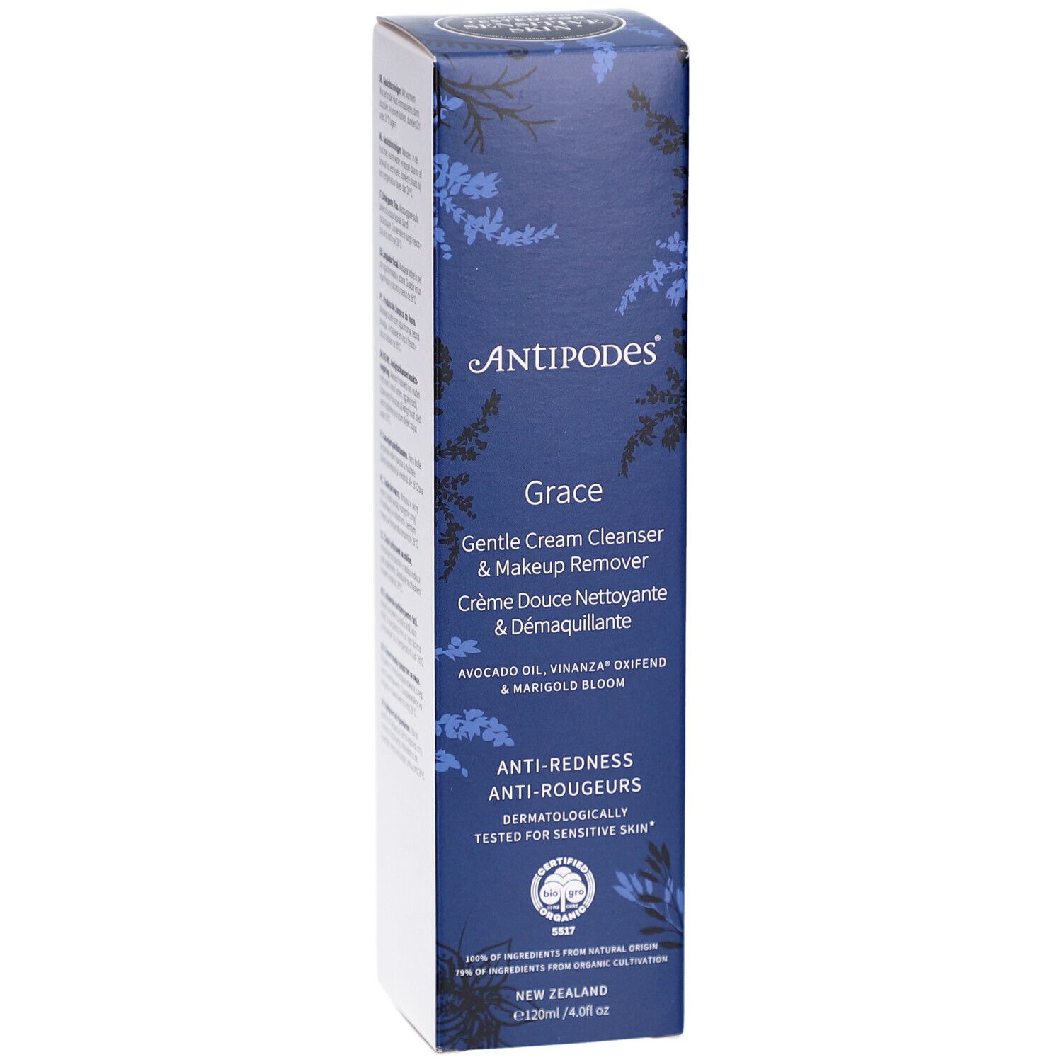 Produktverpackung. Schriftzug ANTIPODES, Grace, sanfte Reinigung & Make-up Entferner. Anti-Rötungen. Dermatologisch getestet.