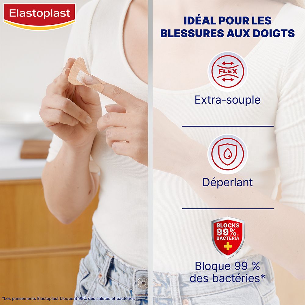 Personne appliquant un pansement. Texte: Extra-souple, Déperlant, Bloque 99% des bactéries. Logo Elastoplast.