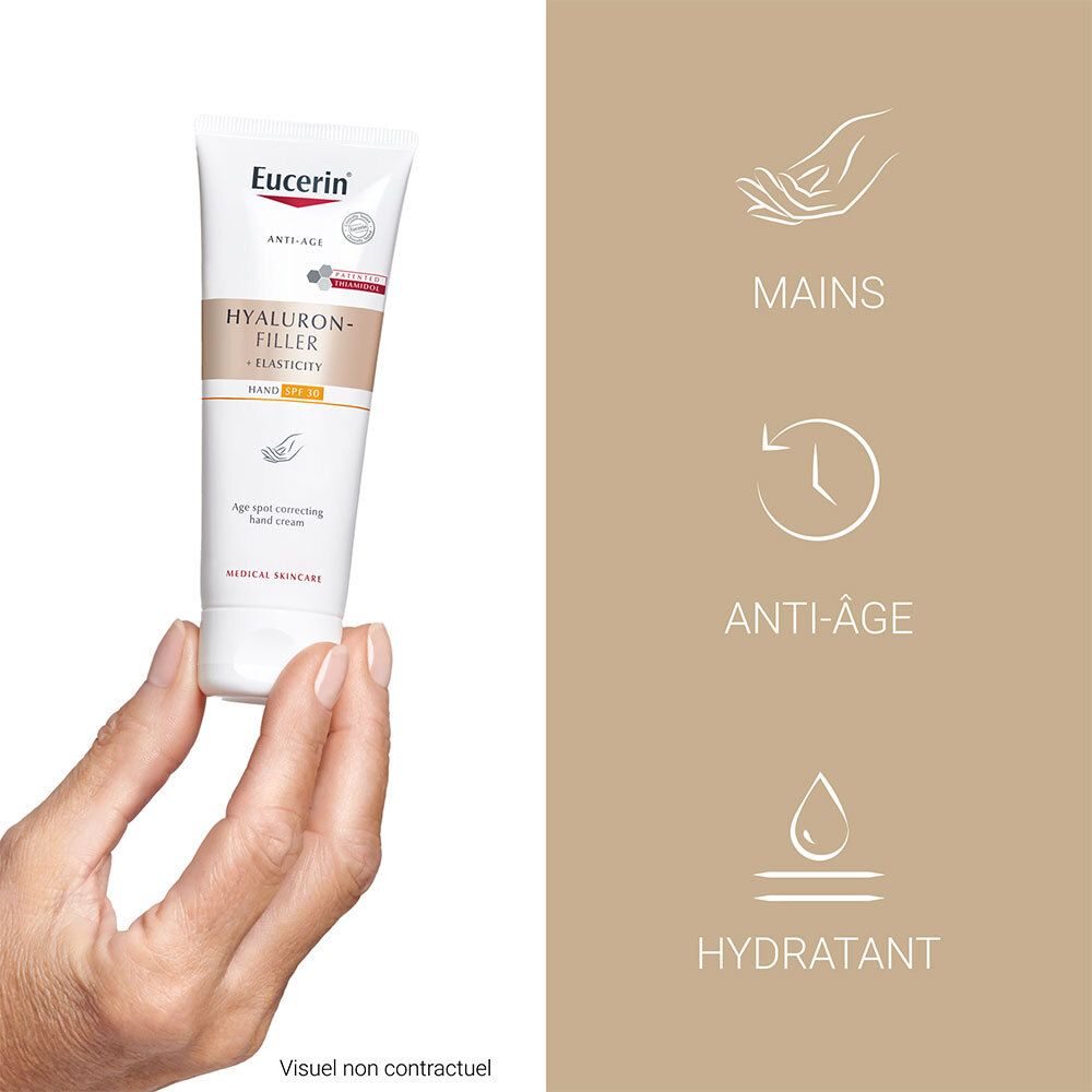 Handcreme-Tube in Hand gehalten. Symbole für Hände, Anti-Aging und Feuchtigkeit.