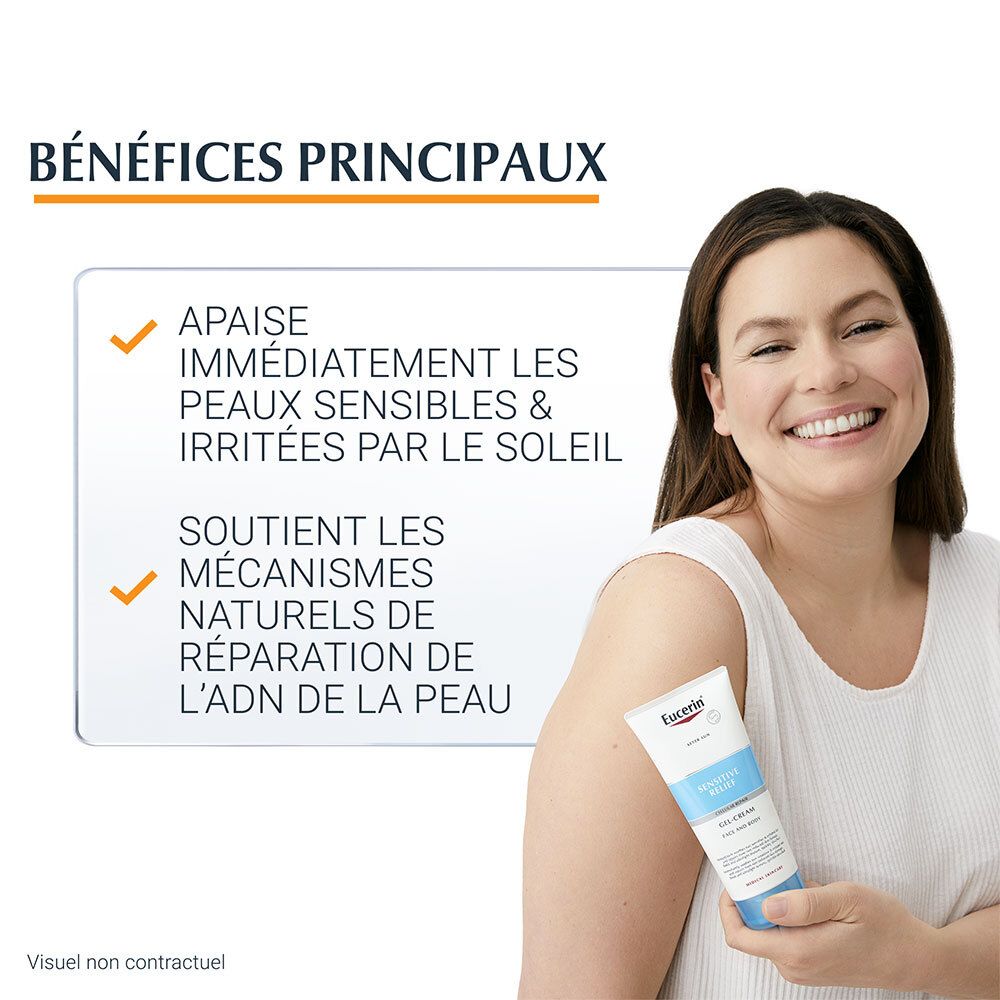Vrouw houdt Eucerin® After Sun Gel-Crème vast. Tekst: Verzacht onmiddellijk de gevoelige huid. Ondersteunt DNA-herstel.