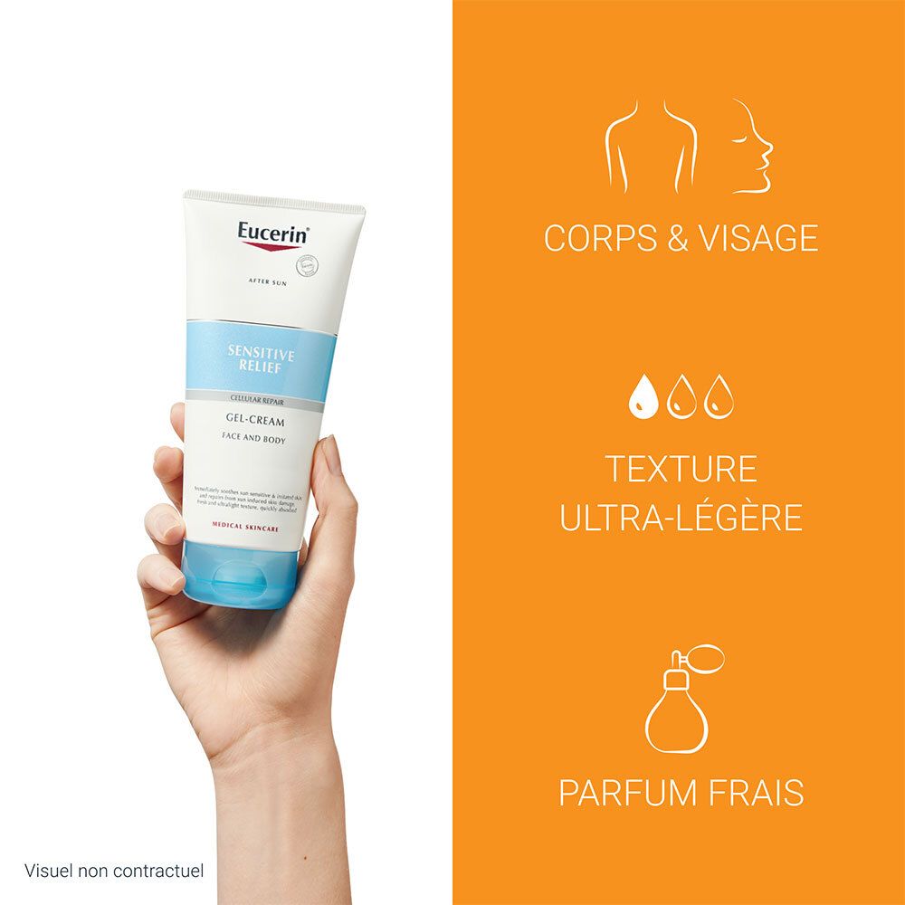 Hand houdt Eucerin® After Sun Gel-Crème vast. Tekst: Gezicht & lichaam, ultralichte textuur, frisse geur. Oranje achtergrond.