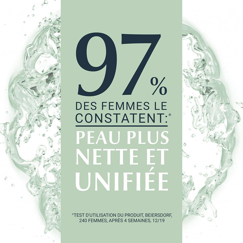 Texte : 97% des femmes constatent : peau plus nette et unifiée. Étude Beiersdorf, 240 femmes, après 4 semaines.