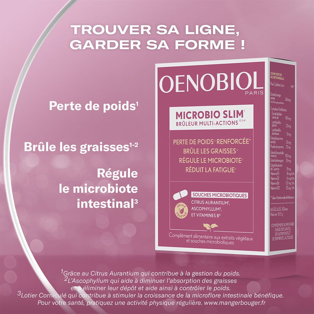 Publicité Oenobiol Microbio Slim. Informations produit sur la boîte. Texte : Perte de poids, Brûle les graisses, Régule le microbiote.