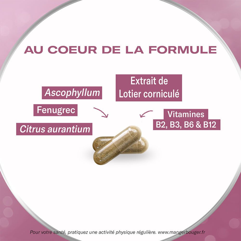 Gélules avec ingrédients : Ascophyllum, Citrus aurantium, Fenugrec, Vitamines B2, B3, B6, B12. Sur fond rose.