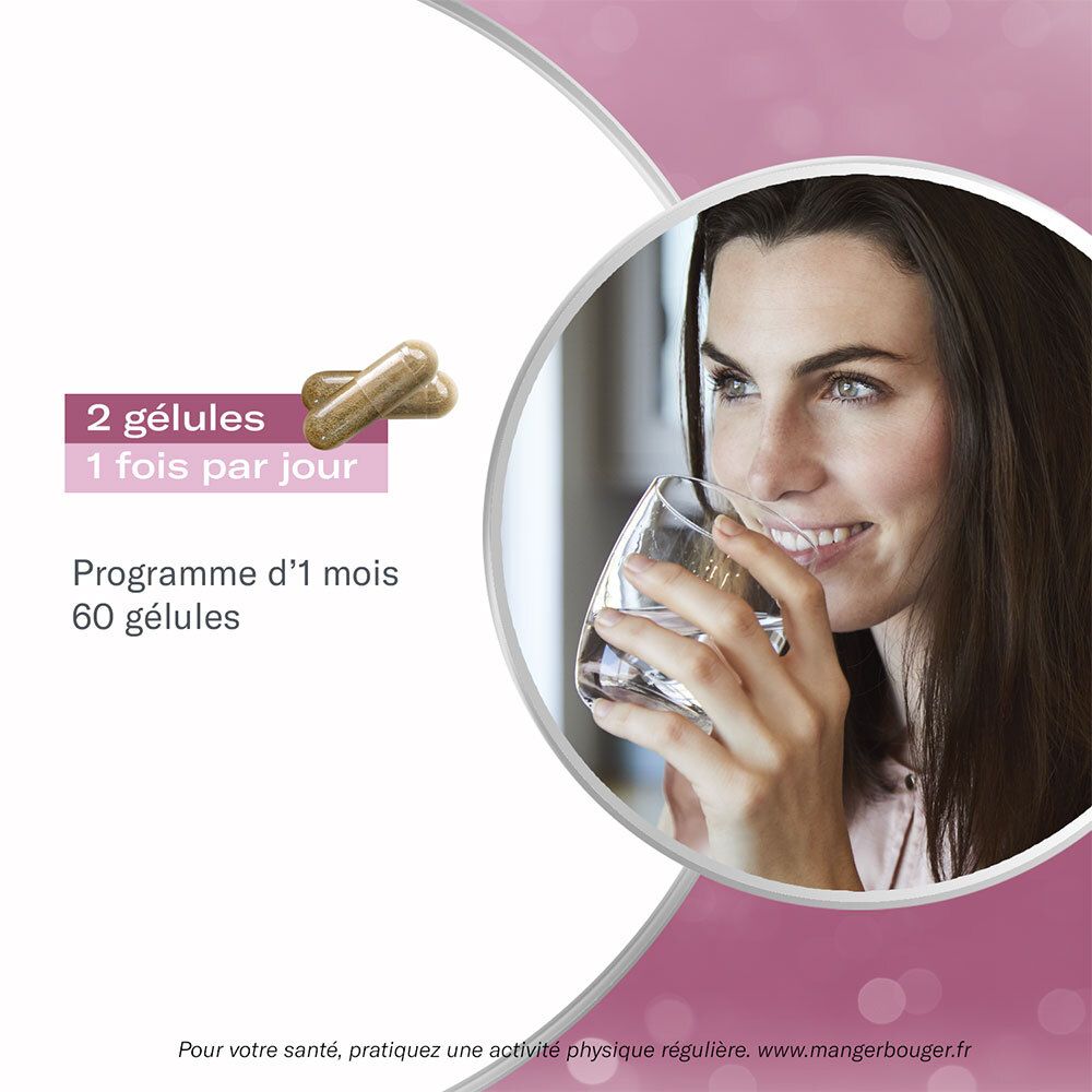 Femme buvant de l'eau. À côté, 2 gélules. Texte : 2 gélules 1 fois par jour. Programme d'1 mois 60 gélules.