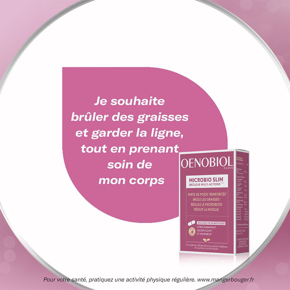 Boîte Oenobiol Microbio Slim. Texte : Je souhaite brûler des graisses et garder la ligne, tout en prenant soin de mon corps.