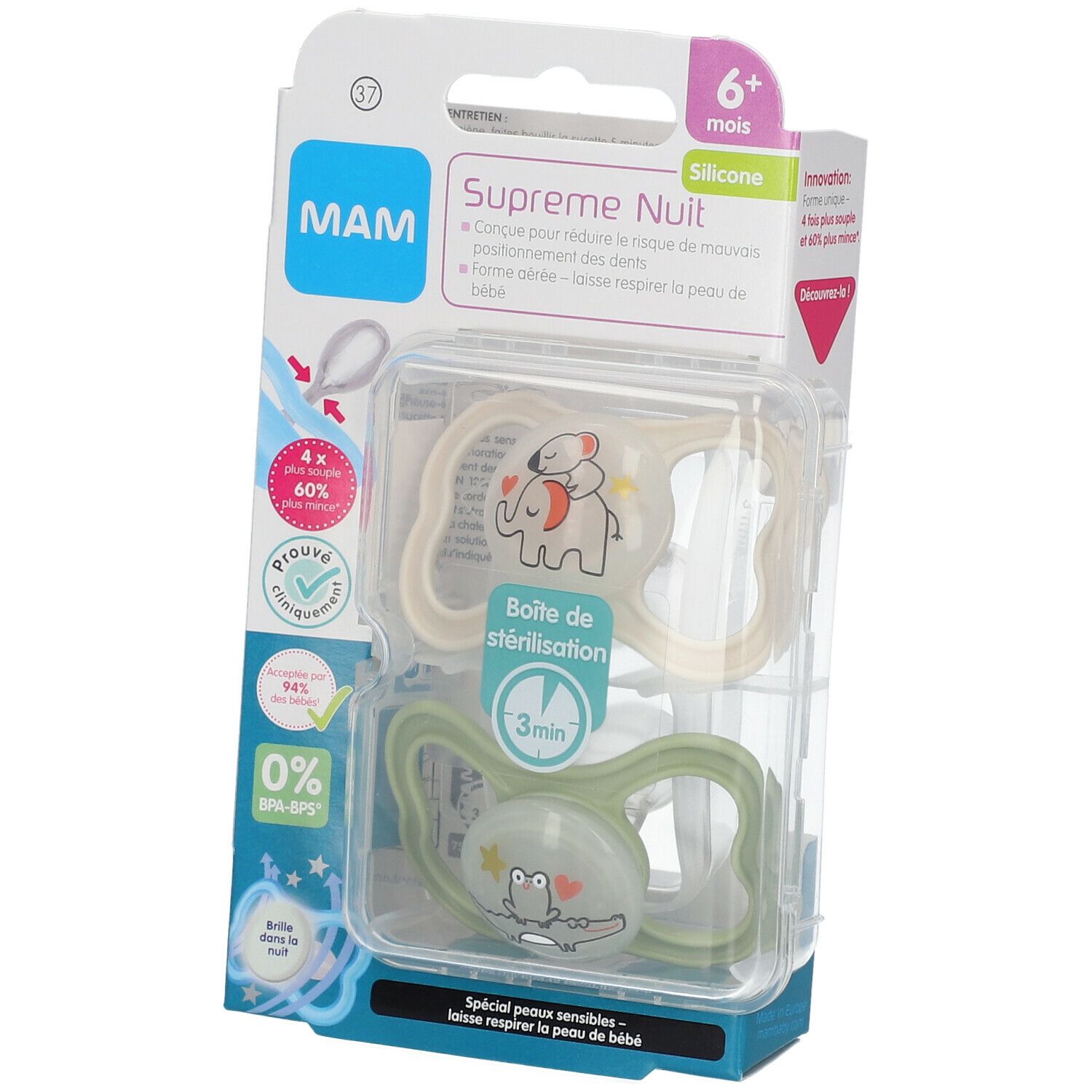 Deux sucettes MAM Supreme Nuit en silicone, beige et verte, avec motifs animaux. Emballage avec logo MAM et indications.