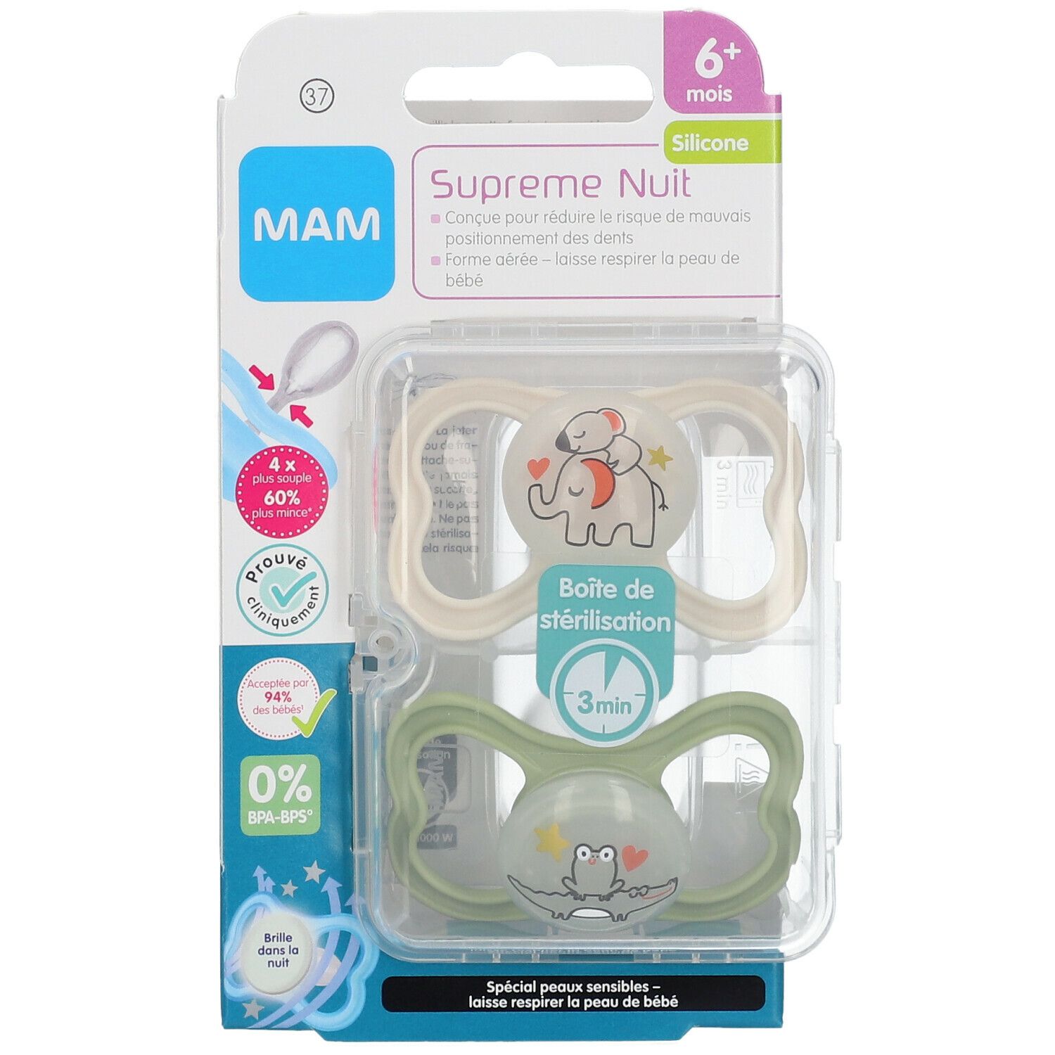 Deux sucettes MAM Supreme Nuit en silicone, beige et verte, avec motifs animaux. Emballage avec logo MAM et indications.
