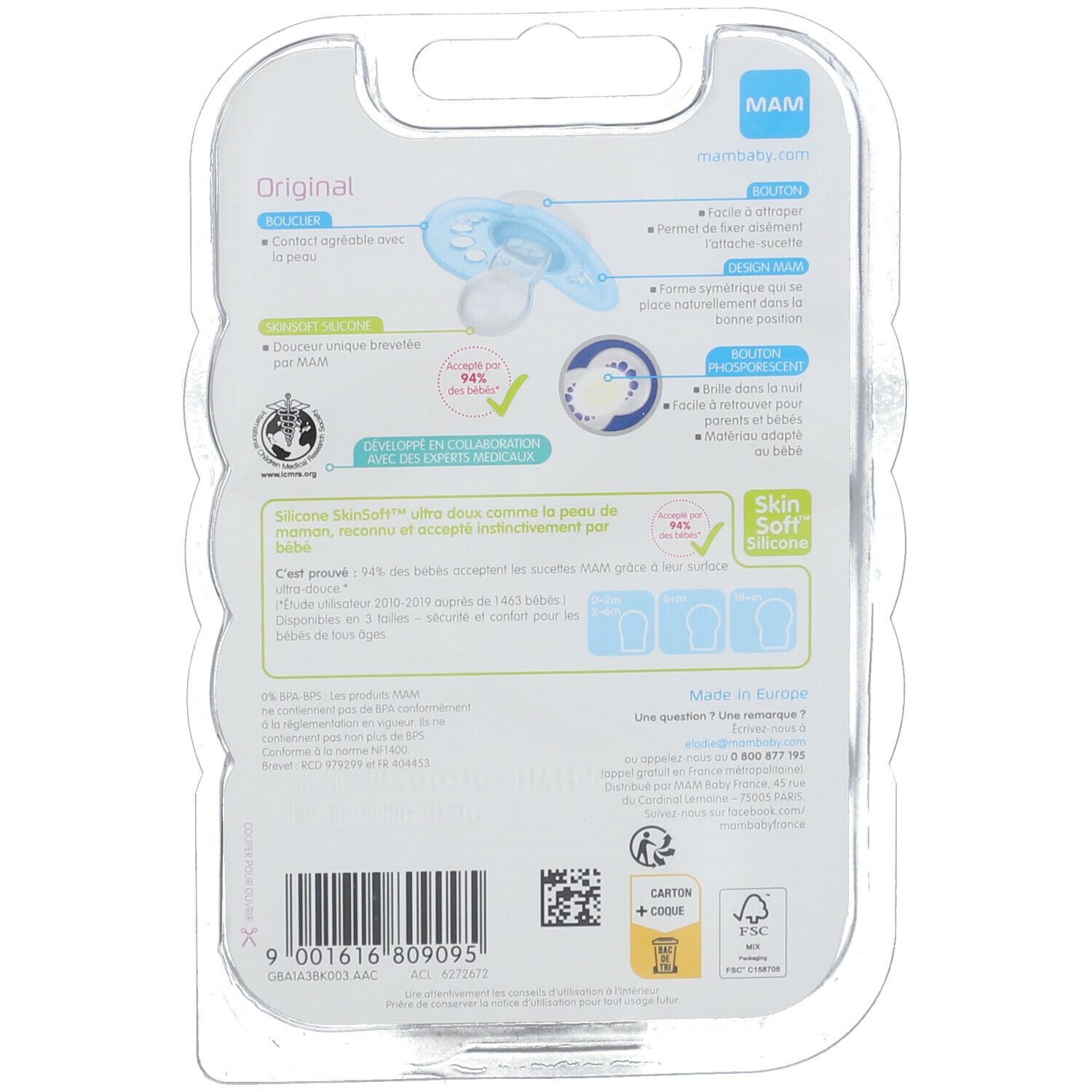 Rückseite der MAM Original 18+ Monate Schnuller-Verpackung. Produktinformationen, Zertifizierungen, Skin Soft Silikon.