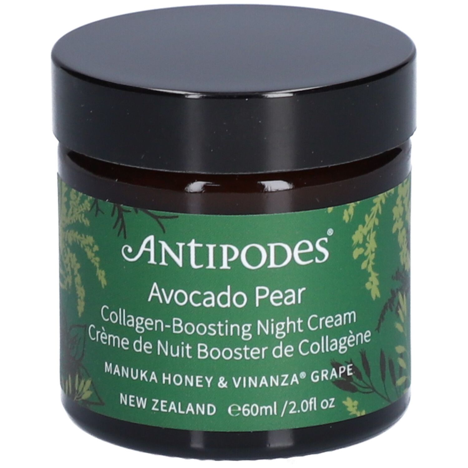 Braunes Glas mit schwarzem Deckel. Aufkleber mit grünem Hintergrund und weißer Schrift: ANTIPODES, Avocado Pear, Nachtcreme.