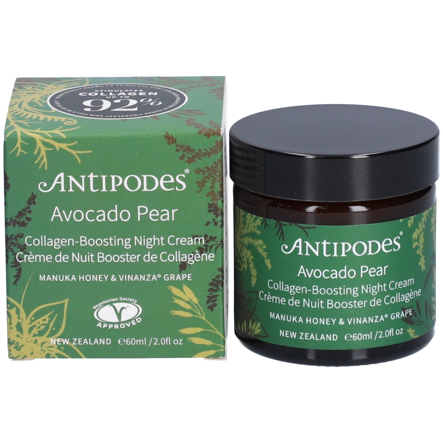 Produktverpackung und Glas. Grüne Schachtel mit weißer Schrift: ANTIPODES, Avocado Pear, Nachtcreme. Glas mit schwarzem Deckel.
