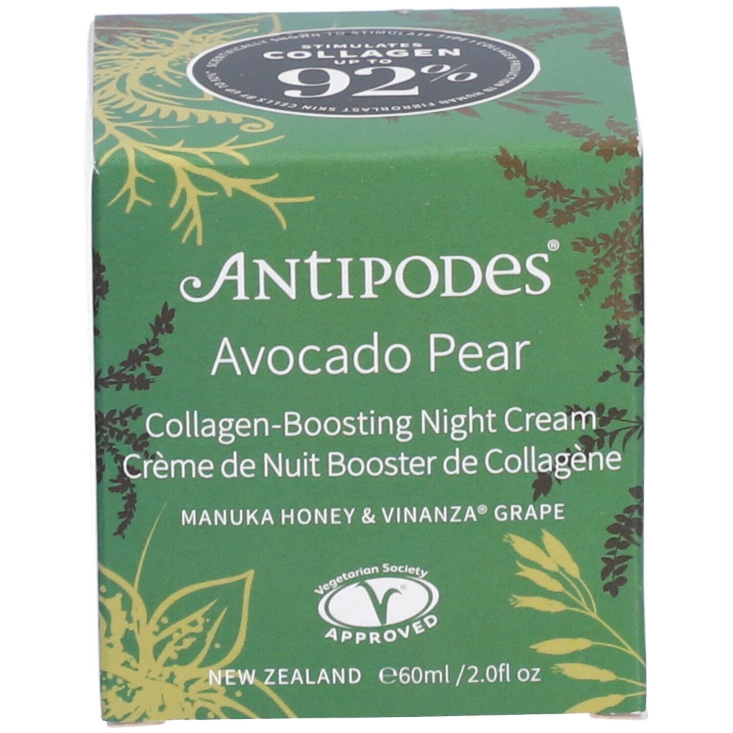 Grüne Schachtel mit weißer Schrift: ANTIPODES, Avocado Pear, Nachtcreme. Mit Logo der Vegetarian Society.