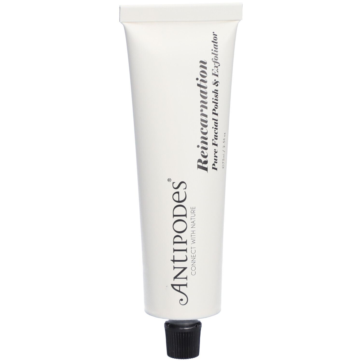 Tube blanc avec bouchon noir. Inscription: Antipodes, Reincarnation Pure Facial Polish & Exfoliator.