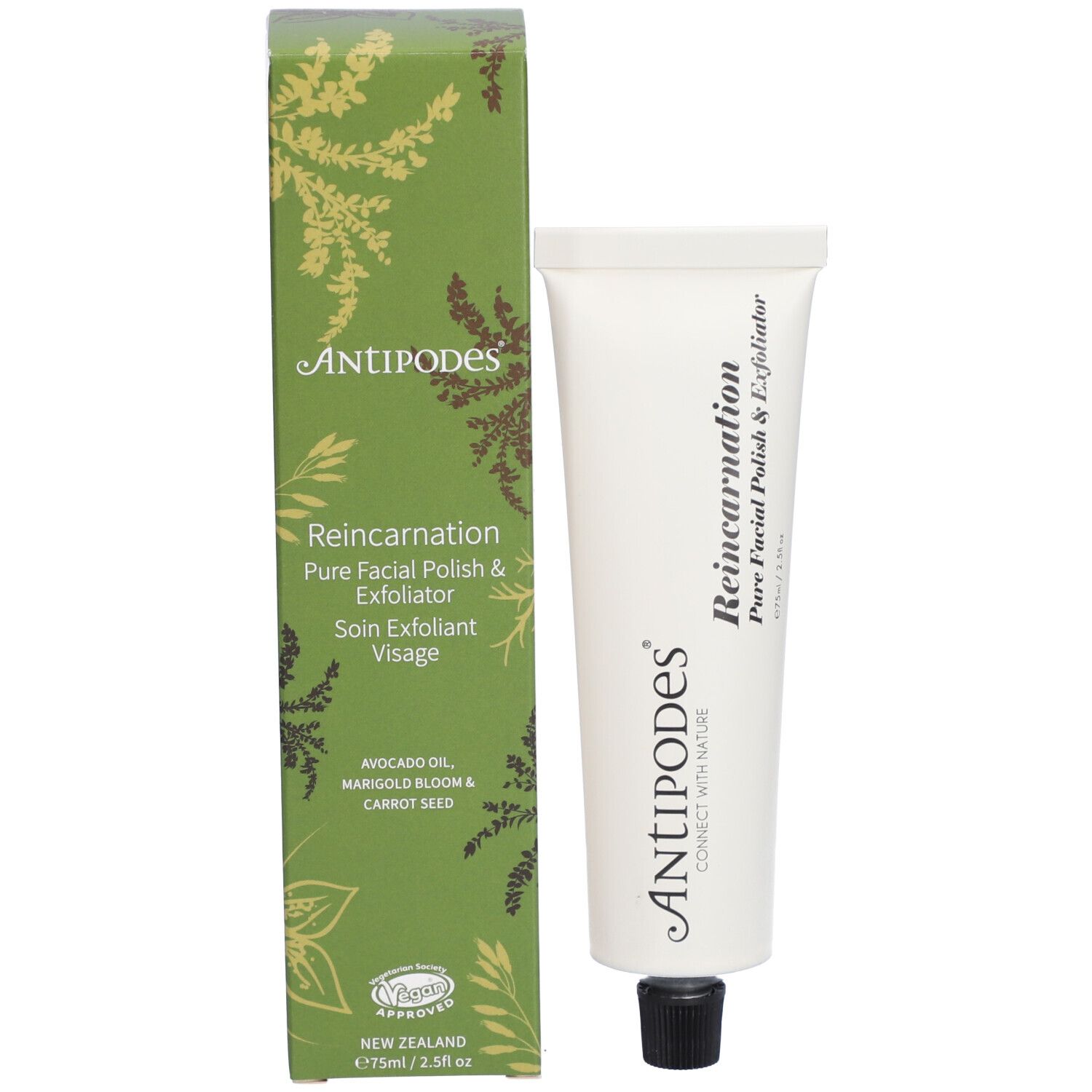 Produit et emballage. Tube blanc à côté d'une boîte verte. Inscription: Antipodes, Reincarnation Pure Facial Polish & Exfoliator.