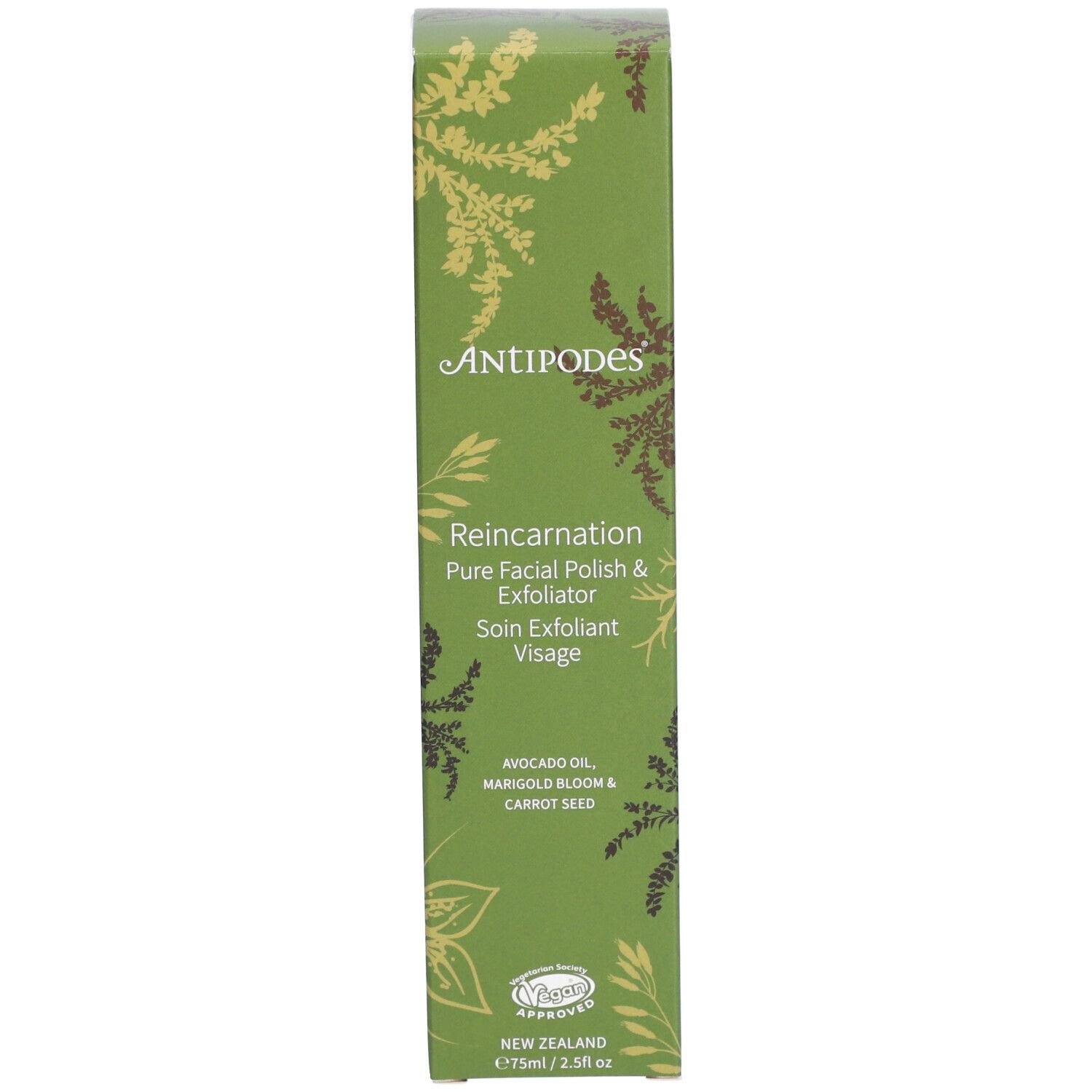 Boîte verte avec motif floral. Inscription: Antipodes, Reincarnation Pure Facial Polish & Exfoliator.