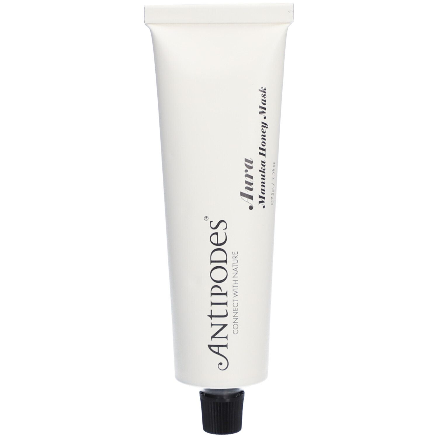 Tube blanc avec bouchon noir. Inscription : Antipodes, Aura Manuka Honey Mask.
