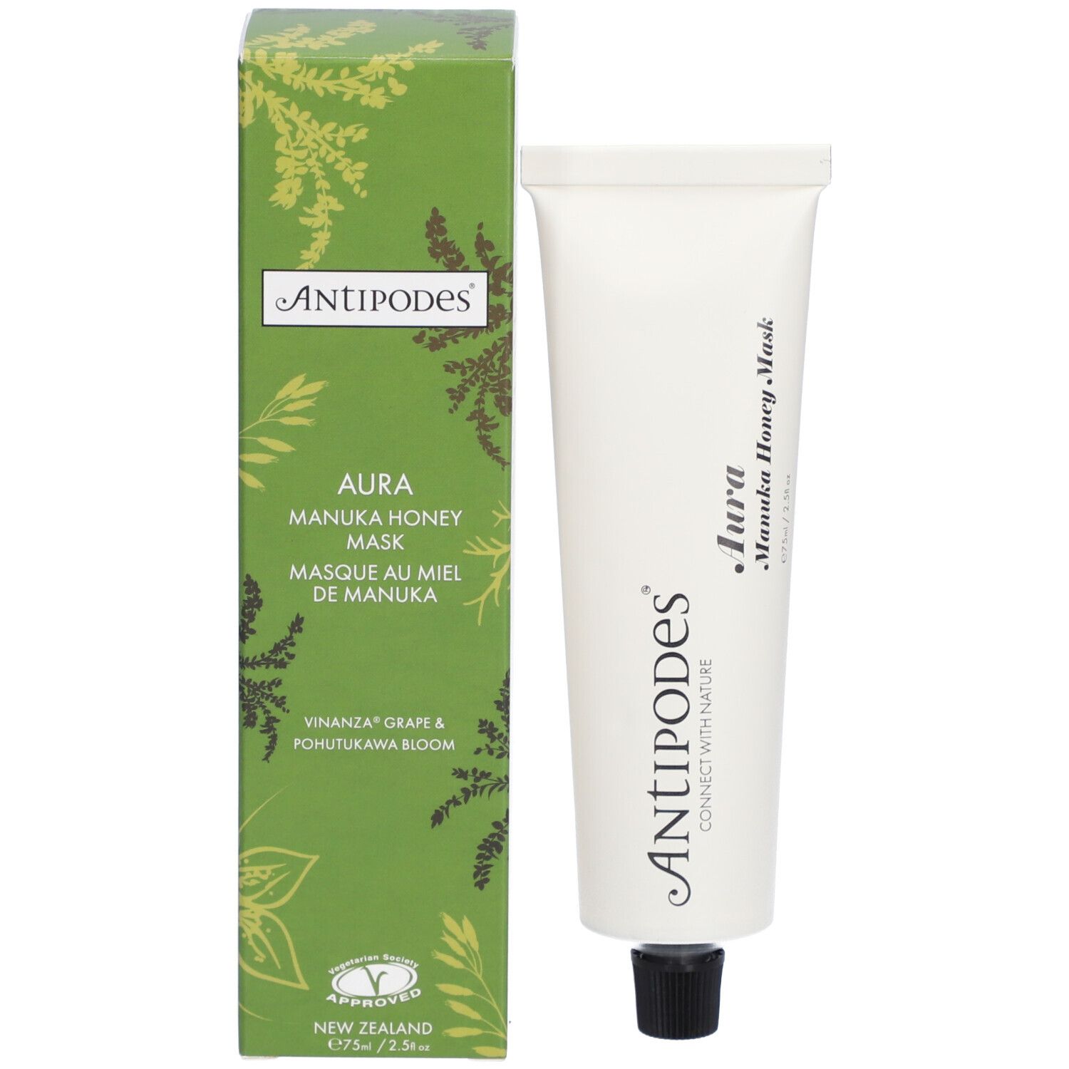 Emballage et tube. Boîte verte avec tube blanc. Inscription : Aura Manuka Honey Mask.