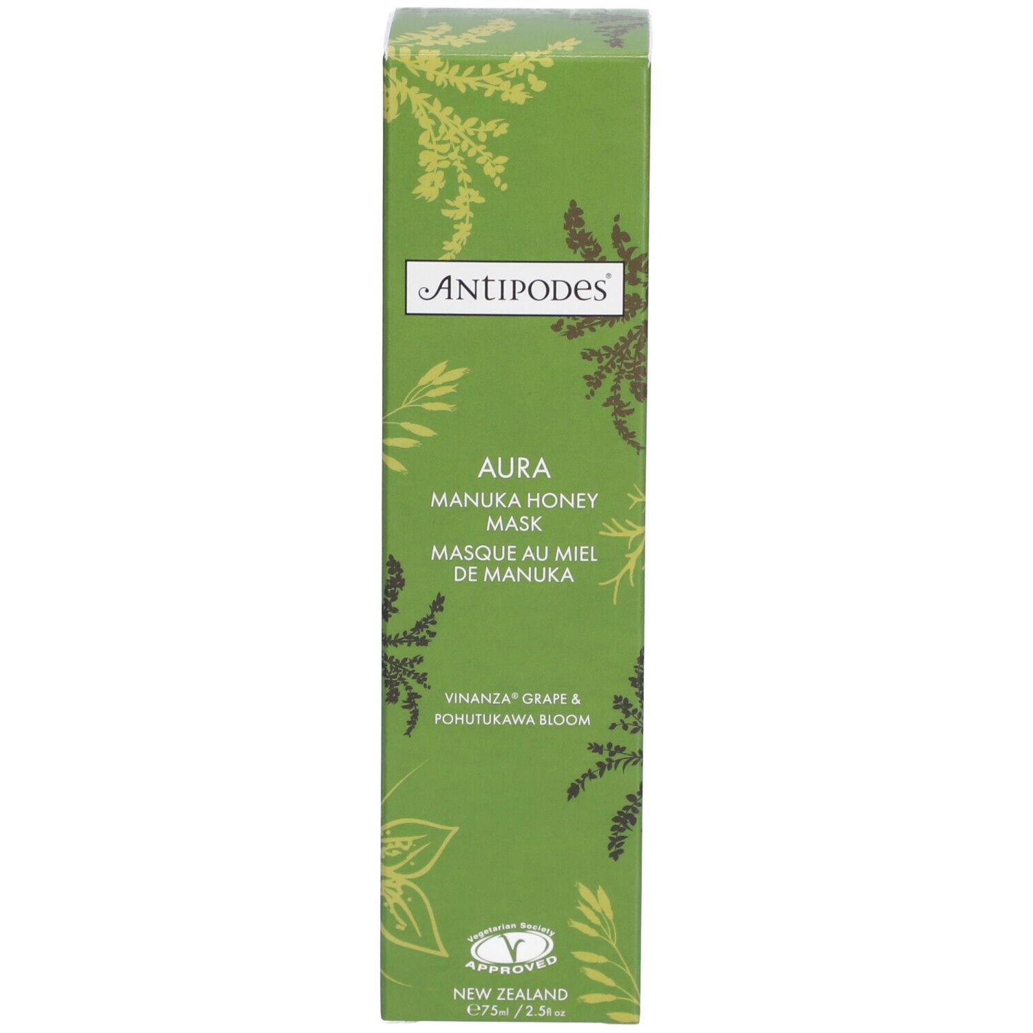 Emballage vert. Inscription : Aura Manuka Honey Mask. Certifications.