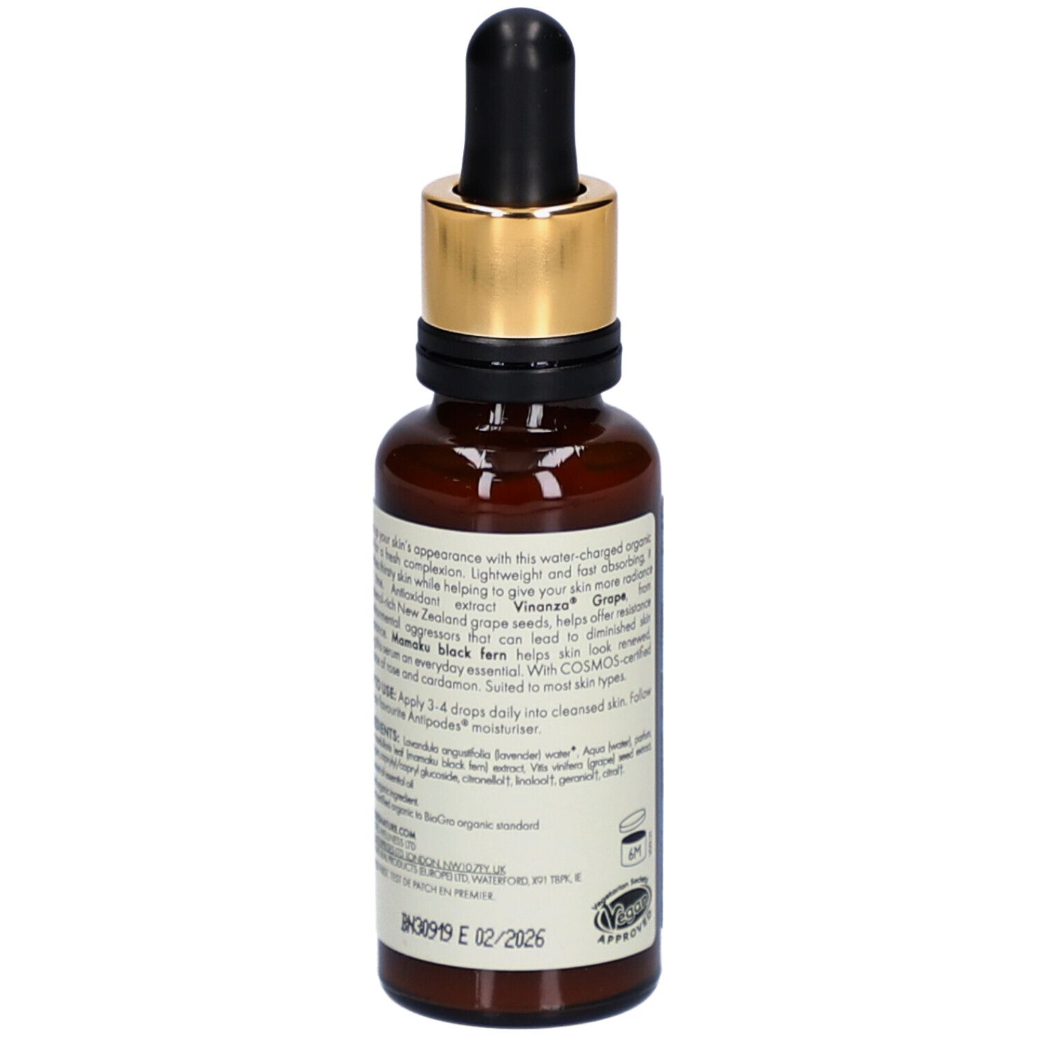 Flacon en verre brun avec bouchon doré et pipette. Texte au dos. Inscription: Antipodes Hosanna Serum. Certification bio.