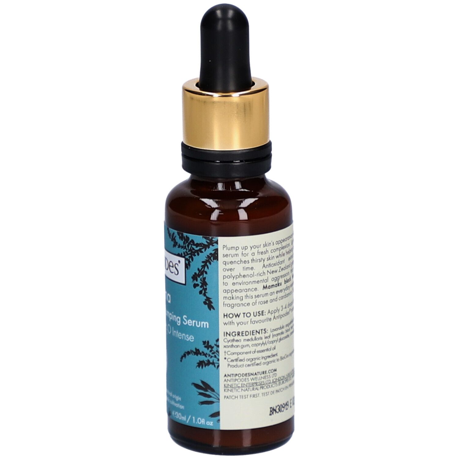Flacon en verre brun avec bouchon doré et pipette. Inscription: Antipodes Hosanna Serum. Certification bio. Ingrédients.