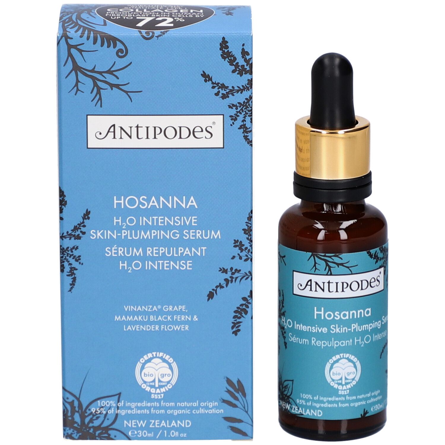Emballage et flacon. Boîte bleue avec inscription: Antipodes Hosanna Serum. Produit bio certifié.
