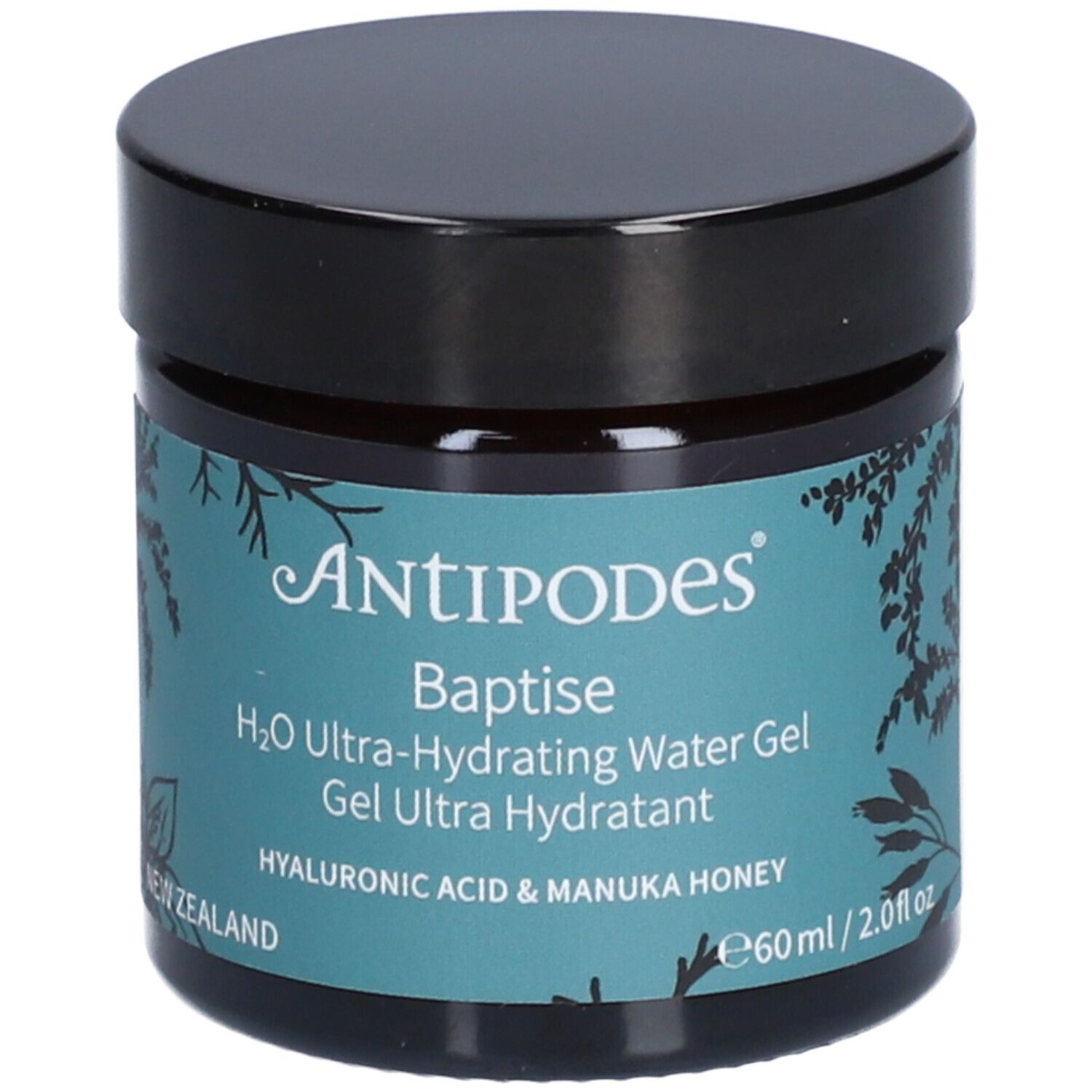 Dunkles Glas mit schwarzem Deckel. Aufschrift: Antipodes Baptise H2O Ultra-Hydrating Water Gel. Mit Hyaluronsäure & Manuka-Honig.