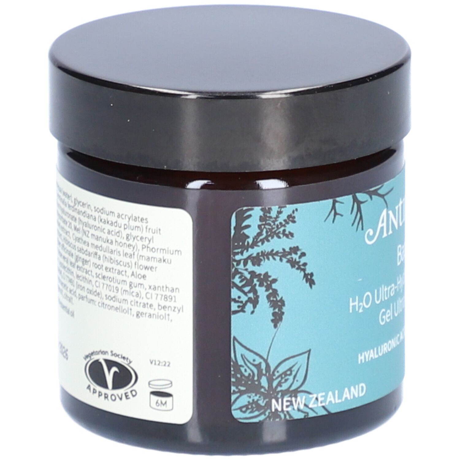 Dunkles Glas mit schwarzem Deckel. Aufschrift: Antipodes Baptise H2O Ultra-Hydrating Water Gel. Inhaltsstoffe und Zertifizierung.
