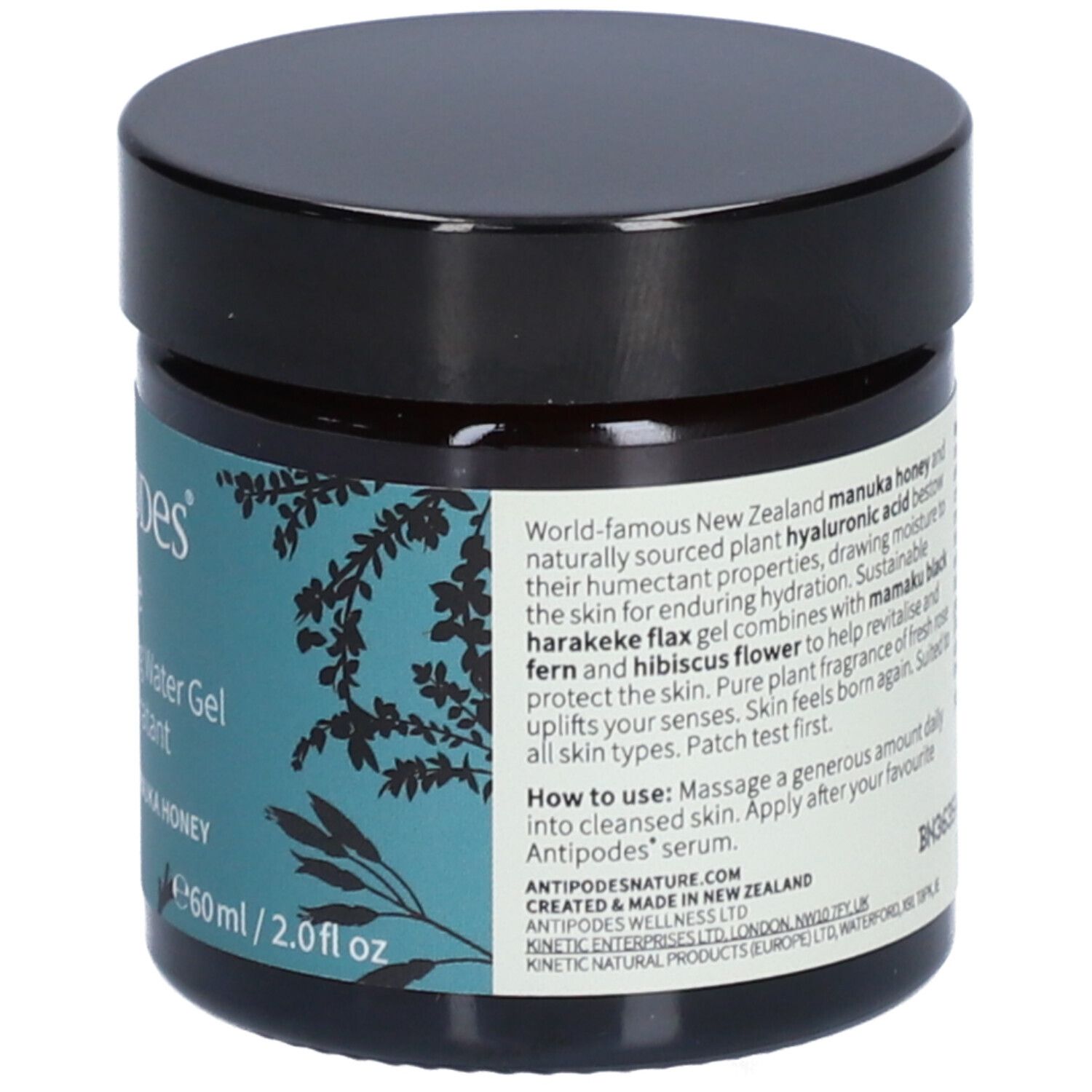 Dunkles Glas mit schwarzem Deckel. Aufschrift: Antipodes Baptise H2O Ultra-Hydrating Water Gel. Anwendungshinweise und Inhaltsstoffe.