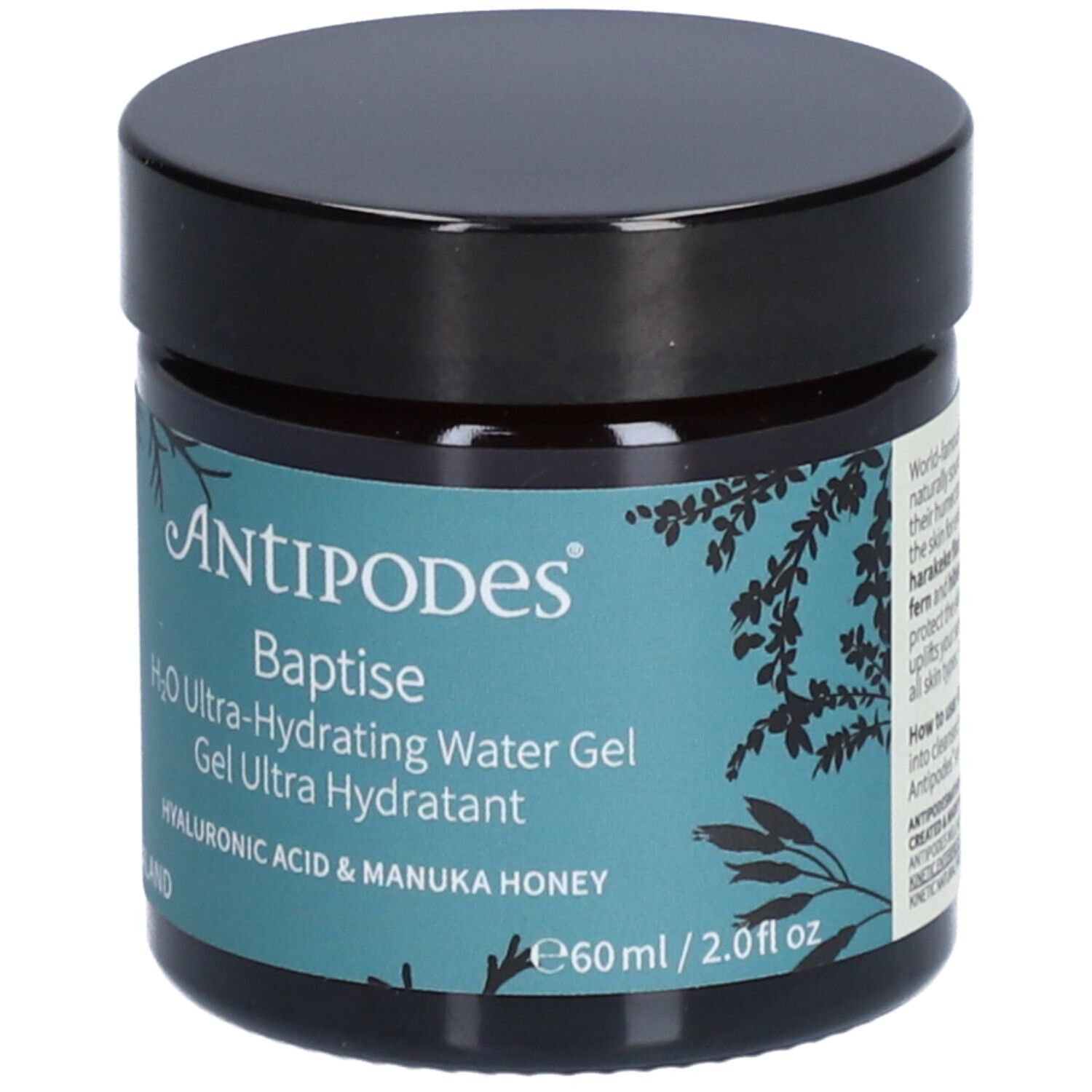 Dunkles Glas mit schwarzem Deckel. Aufschrift: Antipodes Baptise H2O Ultra-Hydrating Water Gel. Mit Hyaluronsäure & Manuka-Honig.
