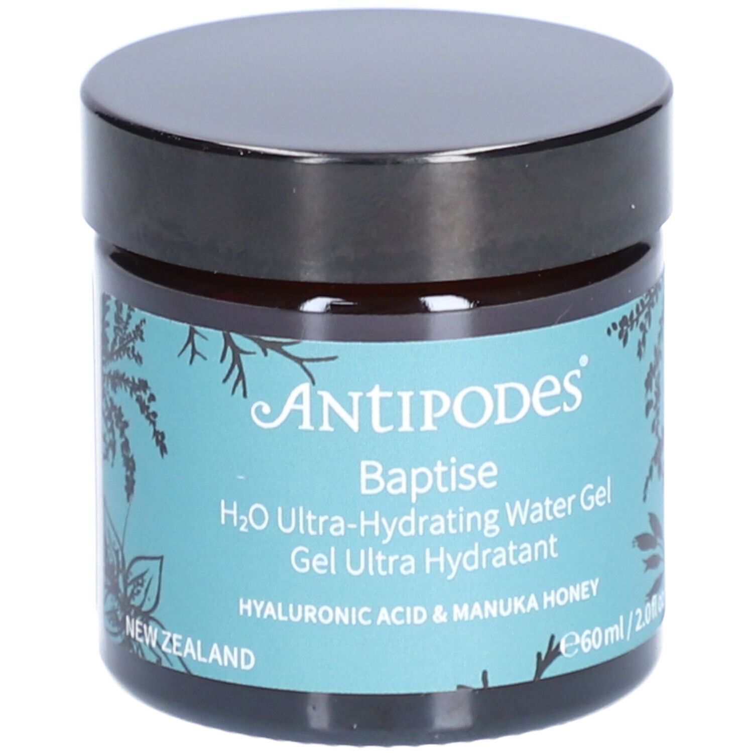 Dunkles Glas mit schwarzem Deckel. Aufschrift: Antipodes Baptise H2O Ultra-Hydrating Water Gel. Mit Hyaluronsäure & Manuka-Honig.