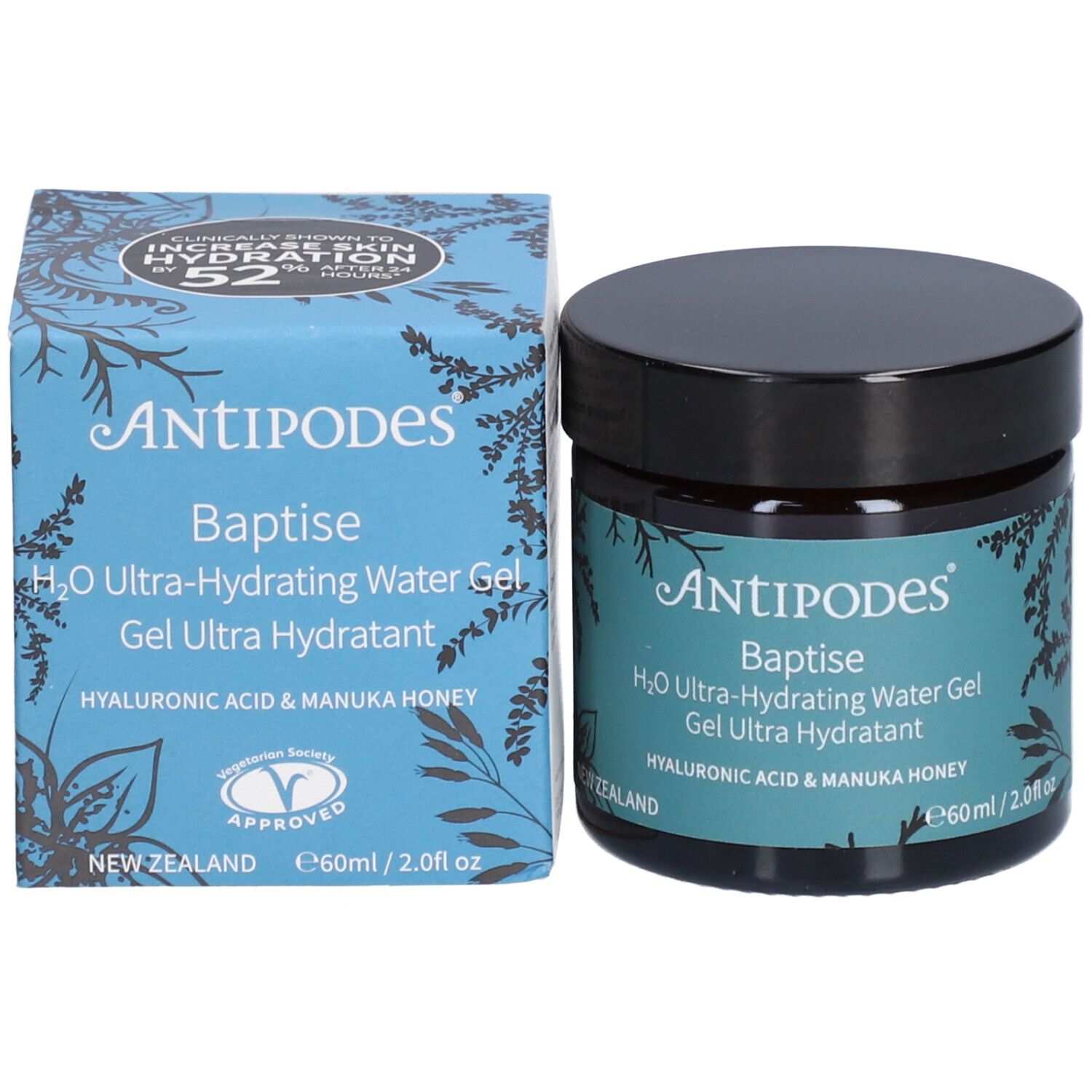 Produkt und Verpackung. Aufschrift: Antipodes Baptise H2O Ultra-Hydrating Water Gel. Mit Hyaluronsäure & Manuka-Honig. Zertifizierung.