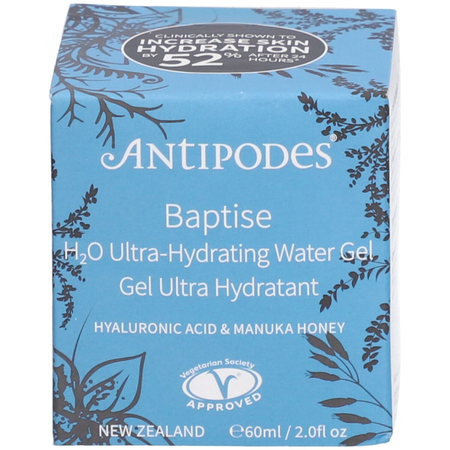 Blaue Verpackung. Aufschrift: Antipodes Baptise H2O Ultra-Hydrating Water Gel. Mit Hyaluronsäure & Manuka-Honig. Zertifizierung.