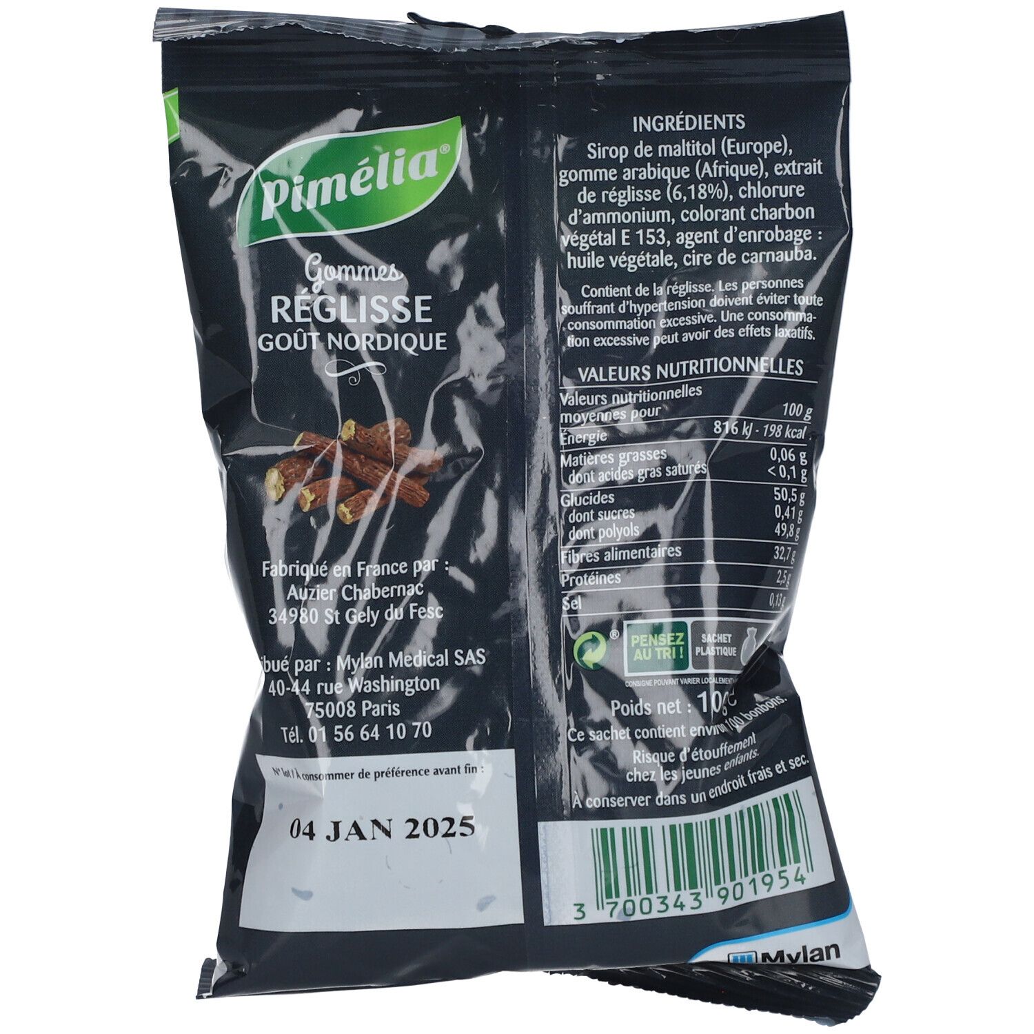 Dos du sachet de gommes réglisse. Marque Pimelia. Liste des ingrédients et informations nutritionnelles. Date limite: 04 JAN 2025.
