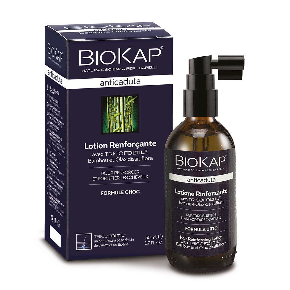 BIOKAP Lotion Anti Chute Renforçante. Flacon et boîte. Inscription : anticaduta, Lotion Renforçante, Bambou et Olax dissitiflora.