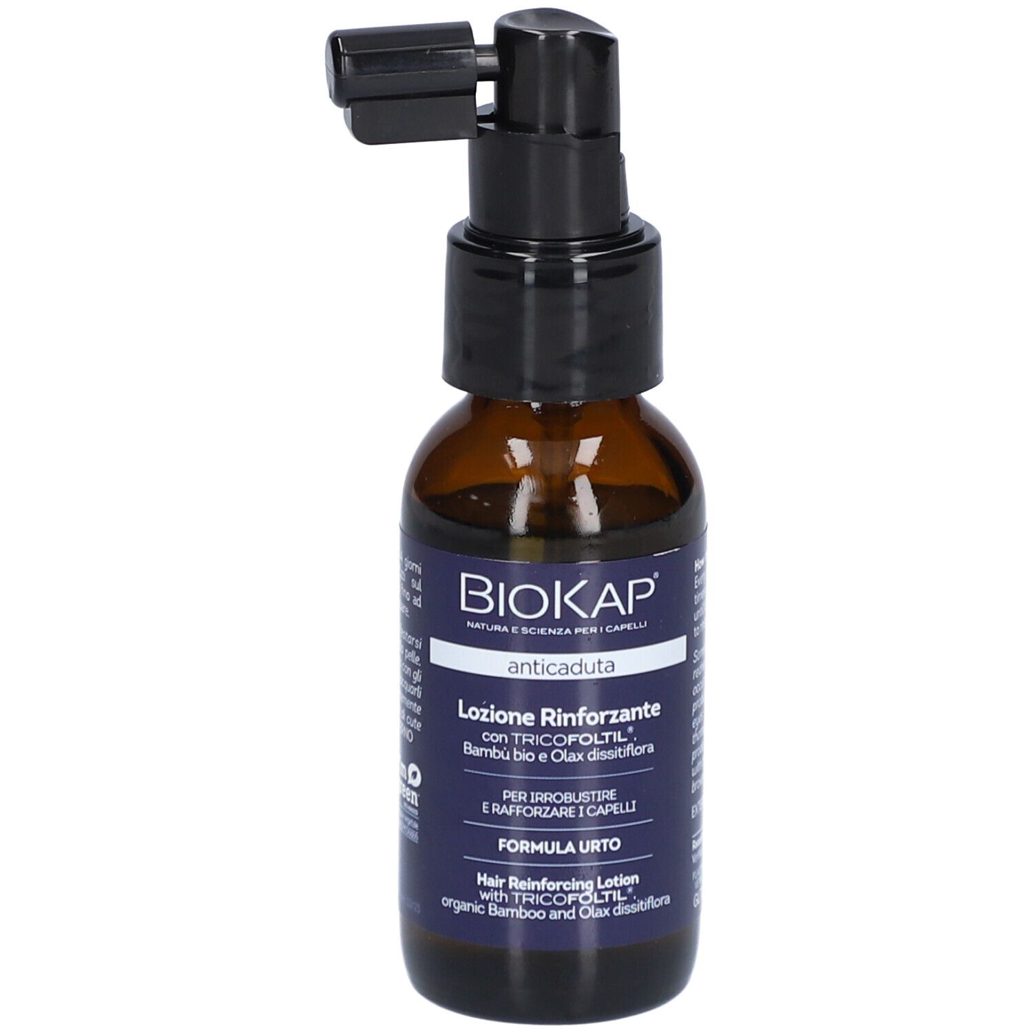BIOKAP Lotion Anti Chute Renforçante. Flacon brun avec pulvérisateur. Inscription : anticaduta, Lotion Rinforzante.