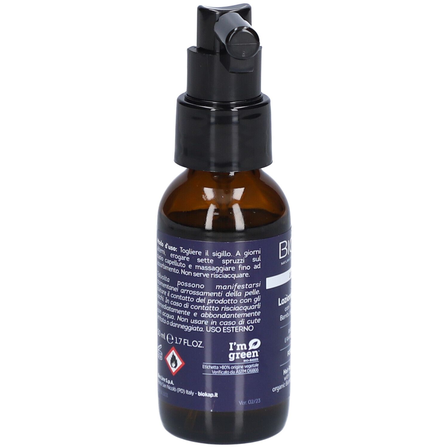 BIOKAP Lotion Anti Chute Renforçante. Flacon avec pulvérisateur. Inscription : anticaduta, Lotion Rinforzante.
