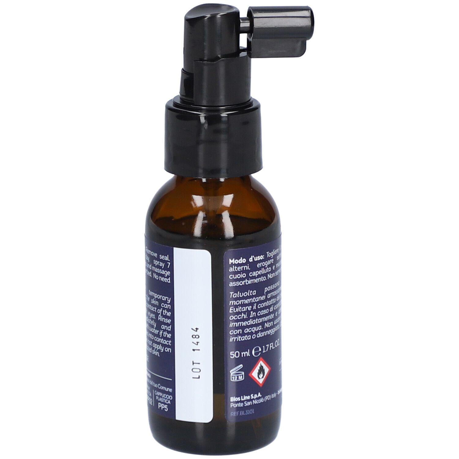 BIOKAP Lotion Anti Chute Renforçante. Flacon avec pulvérisateur. Inscription : anticaduta, Lotion Rinforzante.