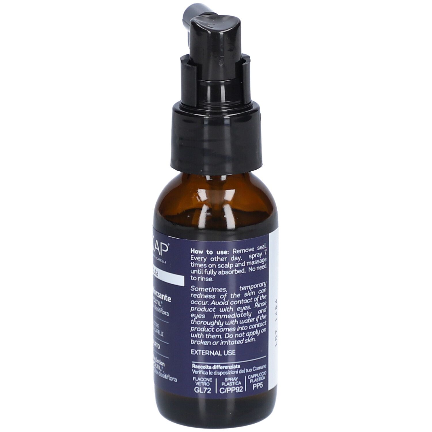 BIOKAP Lotion Anti Chute Renforçante. Flacon avec pulvérisateur. Inscription : anticaduta, Lotion Rinforzante.