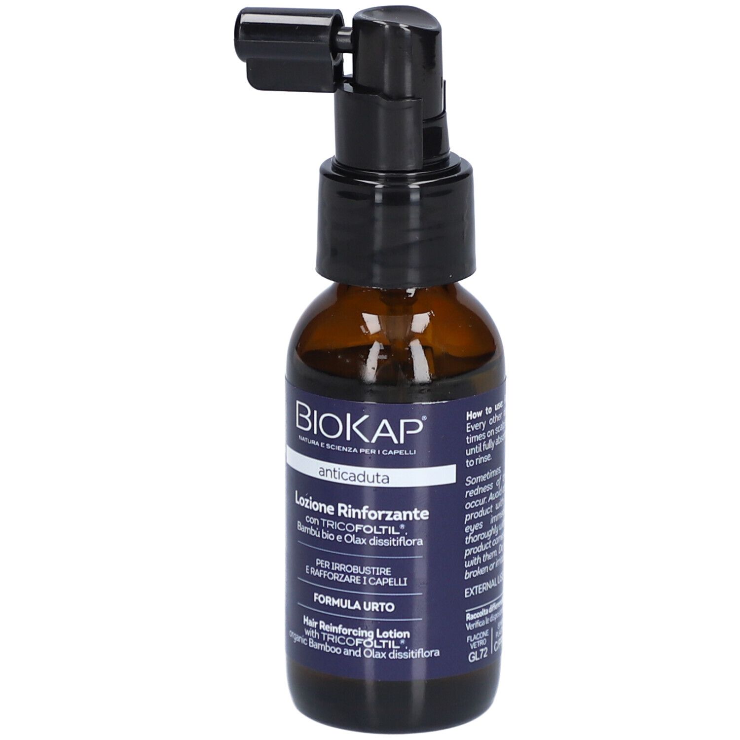 BIOKAP Lotion Anti Chute Renforçante. Flacon avec pulvérisateur. Inscription : anticaduta, Lotion Rinforzante.