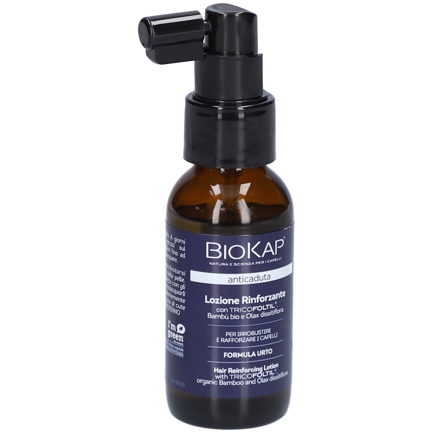 BIOKAP Lotion Anti Chute Renforçante. Flacon avec pulvérisateur. Inscription : anticaduta, Lotion Rinforzante.