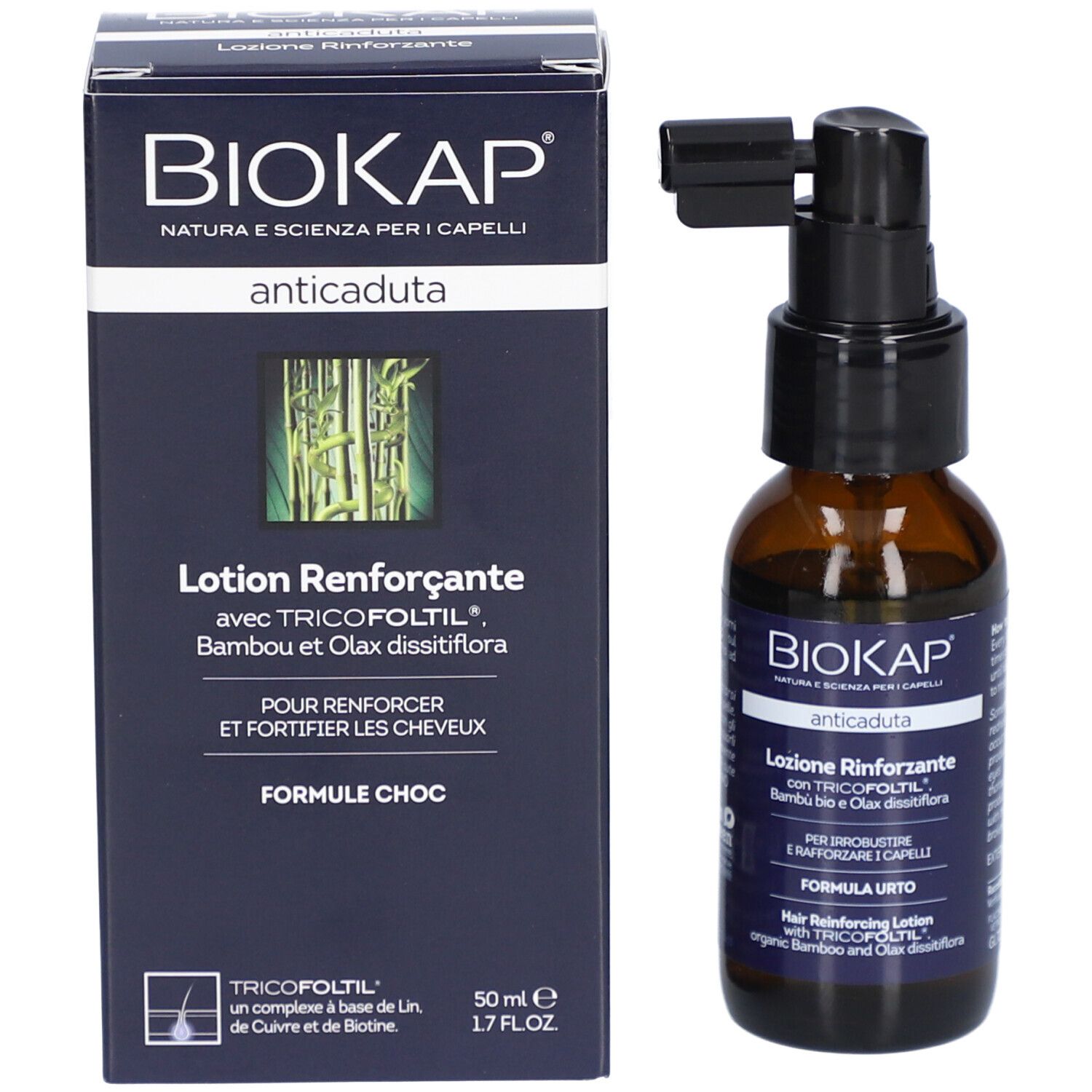 BIOKAP Lotion Anti Chute Renforçante. Flacon et boîte. Inscription : anticaduta, Lotion Renforzante.