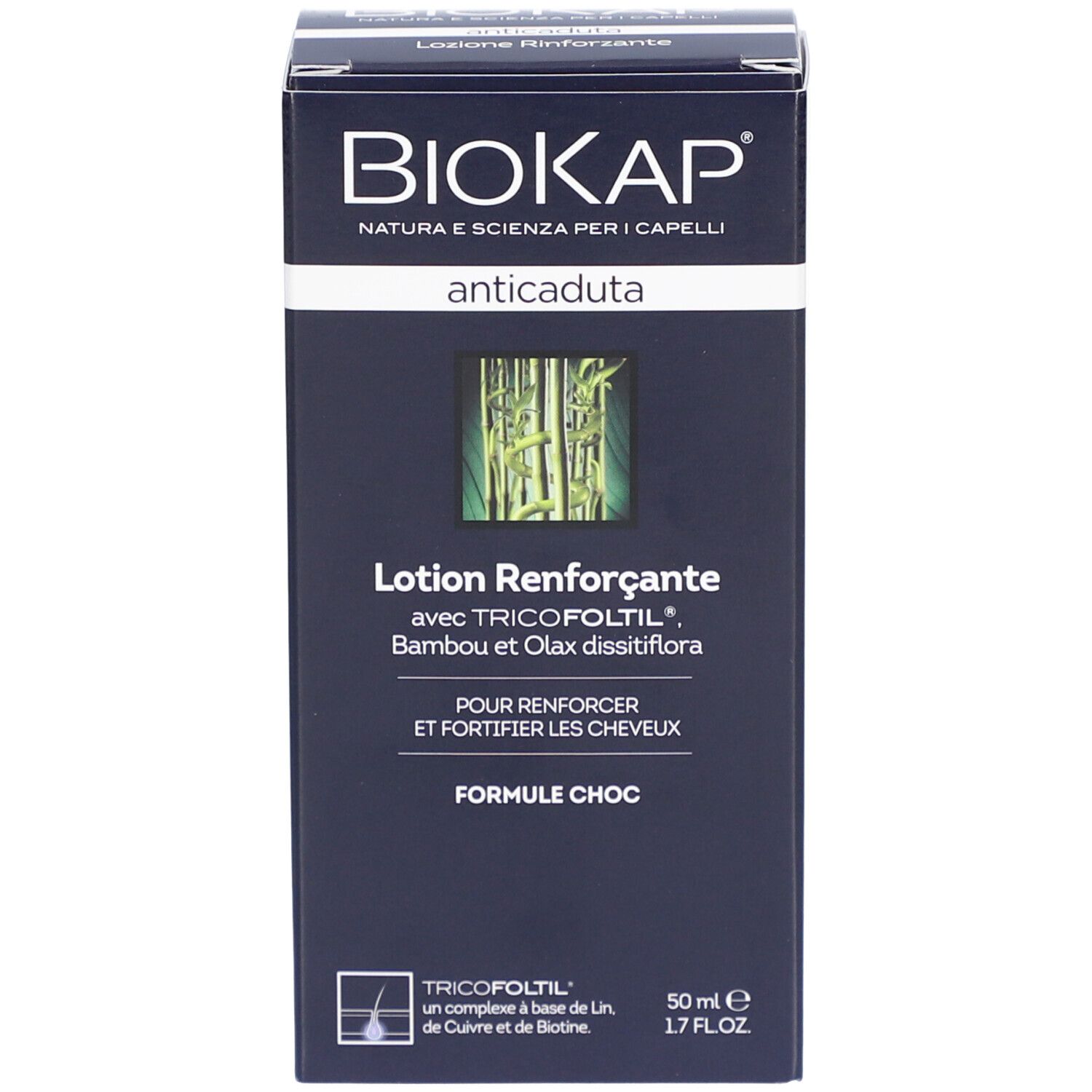 BIOKAP Lotion Anti Chute Renforçante. Boîte. Inscription : anticaduta, Lotion Renforçante.
