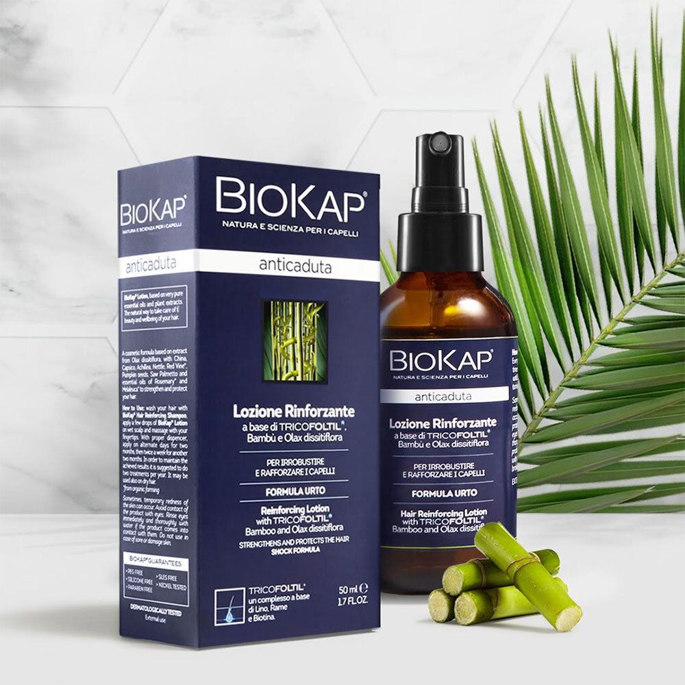 BIOKAP Lotion Anti Chute Renforçante. Flacon, boîte et bambou. Inscription : anticaduta, Lotion Rinforzante.